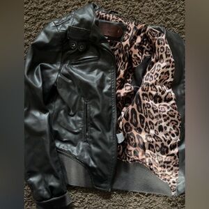 Women’s Black Faux Leather Jacket with Leopard Lining
